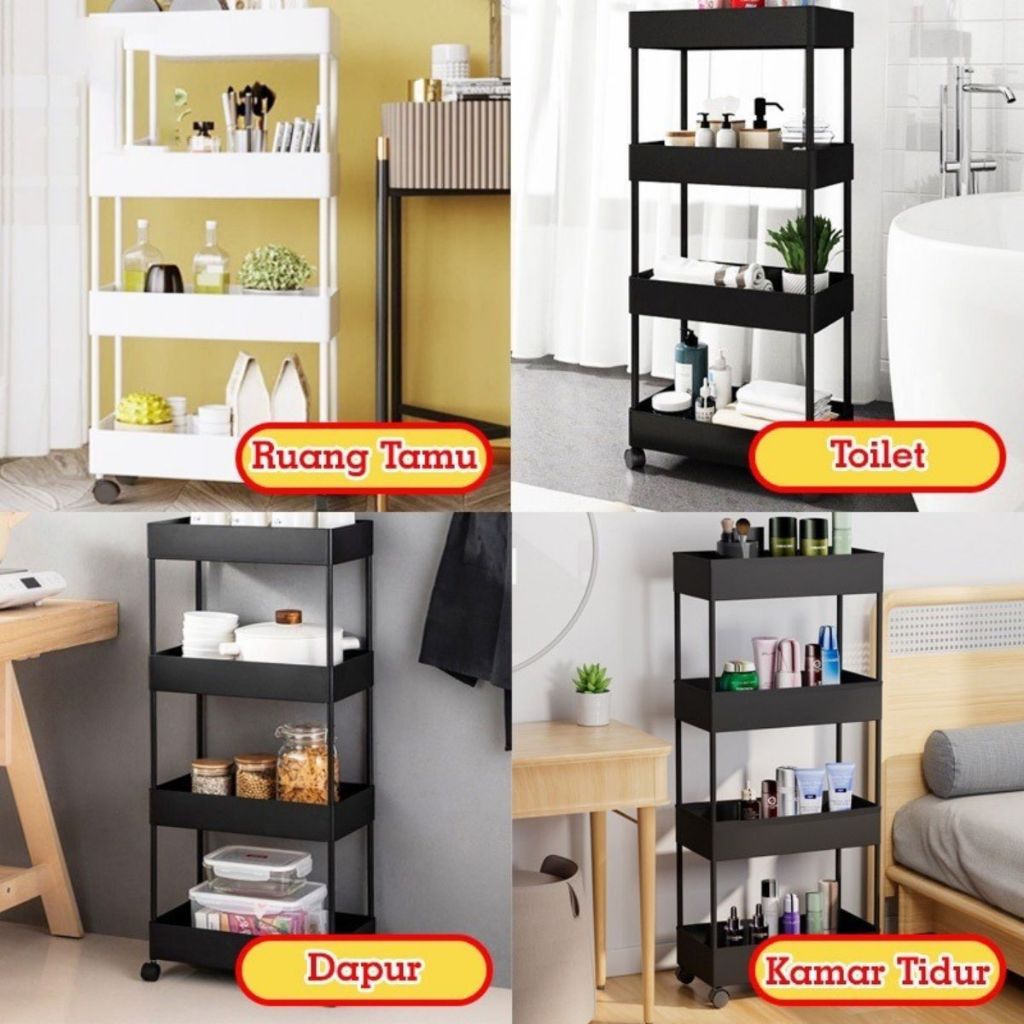 Rak Yeye Serbaguna 4 Susun Dengan Roda 360° / Tempat Penyimpanan Peralatan Dapur Kamar Mandi Ruang Tamu 4 Tingkat Serbaguna / Storage Rack Minimalis Trolly Jalan Mini Wadah Makanan Snack Organizer Multifungsi Berkualitas Termurah