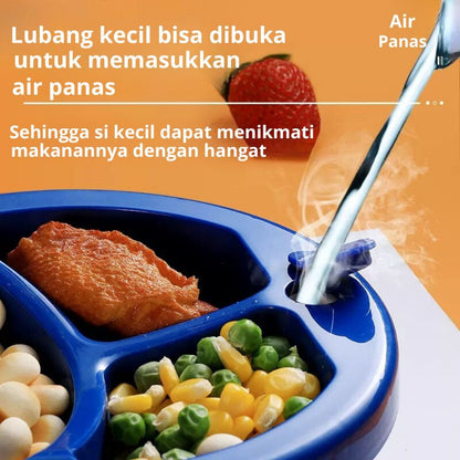 Piring Penghangat Makanan Bayi 3 Sekat Bahan Plastik / Baby Water Insulation Plate Silicone BPA FREE Tahan Panas / Wadah Tempat Makan Bubur Sayur Anti Tumpah / Mangkuk Sekat Perlengkapan Mpasi Balita Batita Anti Slip Food Grade