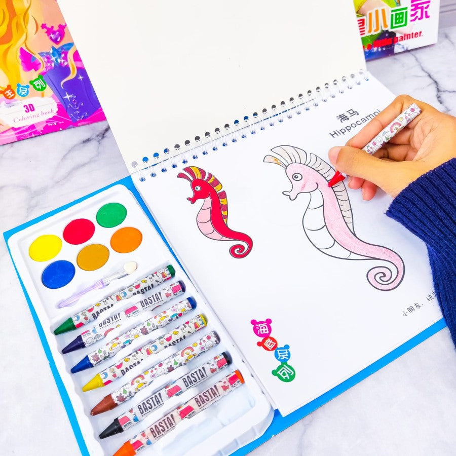 3D Coloring Book / Set Peralatan Buku Mewarnai Dengan Crayon Cat Air Lengkap Bergambar / Buku Keterampilan Menggambar Melatih Kemampuan Motorik Anak / Perlengkapan Melukis Untuk Hadiah Ulang Tahun Kado Mainan Edukasi Motif Lucu Buku Gambar TK PAUD SD Bayi