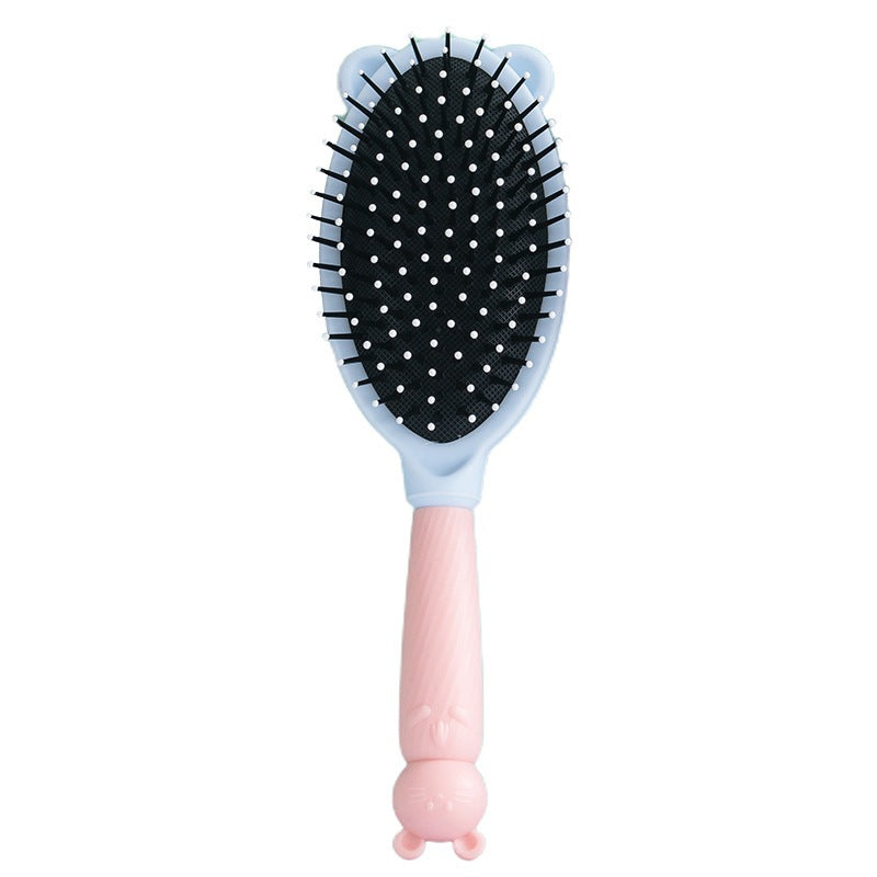 Cermin - Sisir Gagang Bunny Bulat Oval Roll Silikon Gigi Halus Lembut Mirror Comb Handle Travel / Sikat Pijat Rambut Lurus Keriting Basah Kering Anti Rontok Anti Kusut / Kaca Rias Makeup Wajah Motif Karakter Lucu Kecantikan Anak Dewasa Macaron Silicone