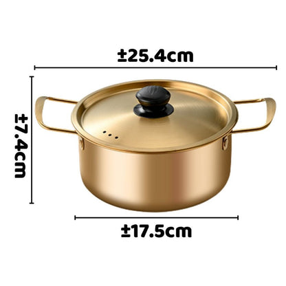 Panci Ramyun Korea Gold 18cm / Wajan Rebus Memasak Mie Ramen Ramyeon Samyang Hot Pot Soup Shabu Seafood Steamboat Bubur Sayur / Korean Noodle Pot Bahan Stainless Steel Anti Karat / Tempat Memasak Ala Jepan Dengan Tutup Praktis Anti Lengket Multifungsi