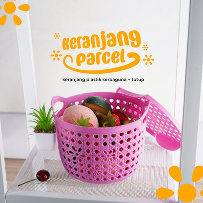 Keranjang Bulat + Tutup / Tempat Parcel Parsel Hampers Alat Penyimpanan Serbaguna Untuk Makanan Cemilan Buah Bumbu Aksesoris Peralatan Rumah Dapur Sekolah Anak Kantor / Storage Box Organizer Plastic Bakul / Wadah Basket Dengan Penutup Praktis Multifungsi