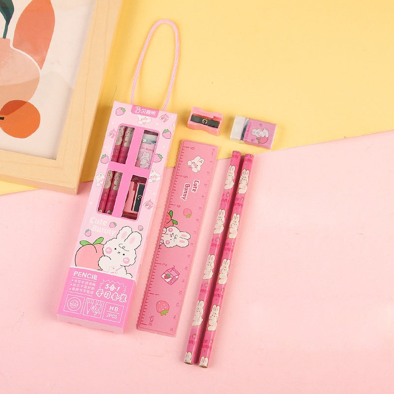 Pensil Set 5in1 Karakter Lucu / Paket Alat Tulis Pensil Penghapus Penggaris Rautan Gambar Kartun Imut / Mini Stationery Character 5 Pcs ATK Perlengkapan Menulis Anak Sekolah Hadiah Kado Ulang Tahun Souvenir Goody Bag PAUD SD Unik Dino Bunny Bear Pencil