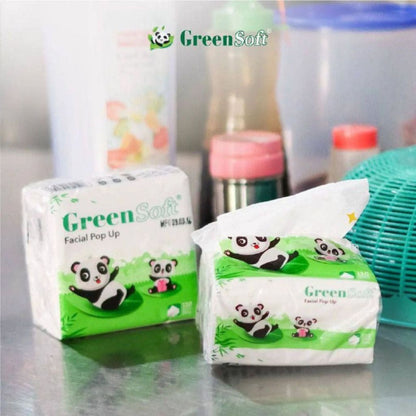 (Set) Tissue Panda 6 Pack FREE Kotak Tempat Tisu Isi 130 Lembar 2Ply GreenSoft / Lap Selampai Pembersih Noda Kotoran Wajah Tangan Anti Bakteri / Kertas Tissu Facial Meja Dapur Pop Up Mini Halus Lembut Green Soft Kantor Mobil Rumah Kamar Murah Termurah