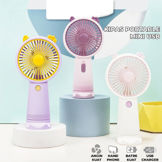 Kipas Angin Genggam Tangan Motif Lucu + Holder Penyangga HP / Handy Mini Fan Portable / Kipas Pendingin Rechargeable Elektrik Travel Size Travelling Konser Piknik Camping Jalan Luar Ruangan Taman Make Up Skin Care Emergency Anak Outdoor Bus Multifungsi