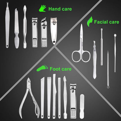 Gunting Kuku Set 19in1 Stainless Steel / Nail Art Set Alat Perawatan Tangan Kaki Wajah Telinga Portable / Perlengkapan Manicure Pedicure Pembersih Kuku Kikir Pinset Gunting Korek Kuping Super Lengkap Anti Karat Multifungsi