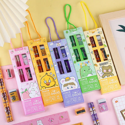 Pensil Set 5in1 Karakter Lucu / Paket Alat Tulis Pensil Penghapus Penggaris Rautan Gambar Kartun Imut / Mini Stationery Character 5 Pcs ATK Perlengkapan Menulis Anak Sekolah Hadiah Kado Ulang Tahun Souvenir Goody Bag PAUD SD Unik Dino Bunny Bear Pencil