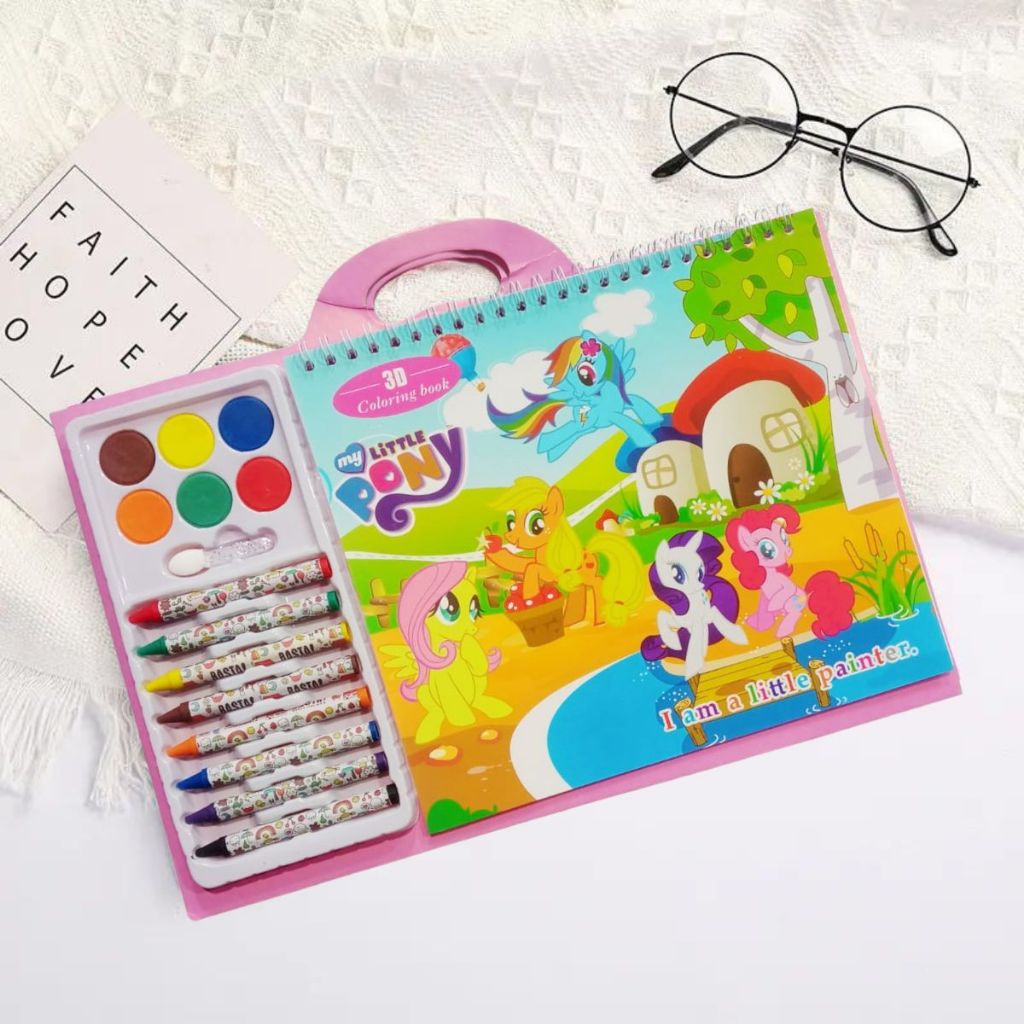 3D Coloring Book / Set Peralatan Buku Mewarnai Dengan Crayon Cat Air Lengkap Bergambar / Buku Keterampilan Menggambar Melatih Kemampuan Motorik Anak / Perlengkapan Melukis Untuk Hadiah Ulang Tahun Kado Mainan Edukasi Motif Lucu Buku Gambar TK PAUD SD Bayi