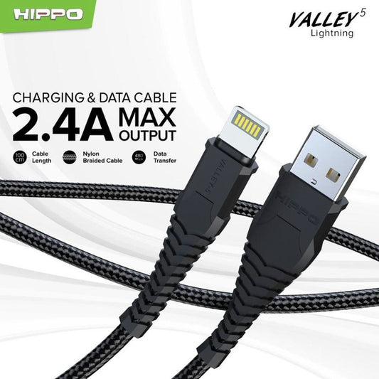 Kabel Data Charger Hippo Valley 5 Lghning ip Nylon 100cm Cable Casan Cas Ip Support Quick Charging 2.4A Competible Ip 6 7 8 9 Fast Charging