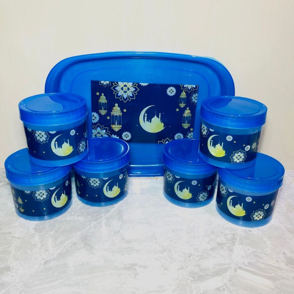 Set Toples 6pcs Free Nampan / Tempat Penyimpanan Makanan Bumbu Dapur Kotak Snack Kue Kering Manisan Cemilan Permen Kacang Multifungsi / Wadah Bulat Storage Jar With Tray Susun Pajang Hiasan Meja Tamu Makan Untuk Hantaran Lebaran Syukuran Hemat Tempat