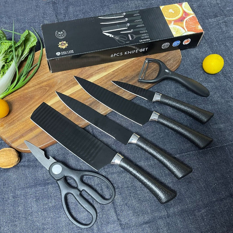 Pisau Dapur Set 6 Pcs Bahan Stainless Steel Anti Lengket Warna Hitam Non Slip / Black Kitchen Knife 6 in 1 Chopper Chef Knife Gunting Peeler Paring Utility Piso Daging Buah Sayur Roti Super Tajam Elegan Tahan Karat Souvenir Hadiah Pindah Rumah Tukar Kado