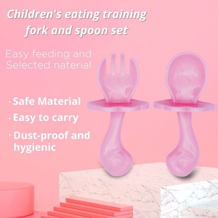 Set Sendok Dan Garpu Makan Bayi Gagang Pendek Model Lengkung / Baby Spoon And Fork BPA FREE Food Grade / Peralatan Mpasi 6m+ Anak Balita Batita Bahan Plastik Lembut Tahan Panas Tidak Melukai Gusi / Sendok Garpu Latihan Training Makan 6 Bulan Keatas