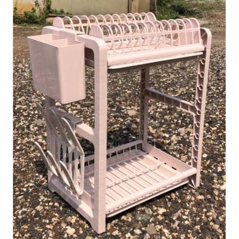 Rak Piring 2 Susun Mini Plastik / Dish Drying Rack Wadah Tempat Pengering Piring Mangkok Gelas Serbaguna / Rak Penyimpanan Organizer Dapur 2 Layer Tirisan Cucian Air Dengan Gantungan Spatula Sendok Perlengkapan Rumah Tangga Milenial Multifungsi