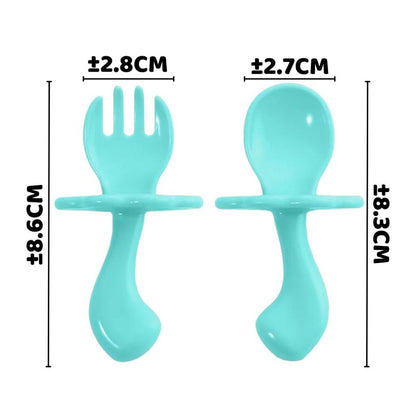 Set Sendok Dan Garpu Makan Bayi Gagang Pendek Model Lengkung / Baby Spoon And Fork BPA FREE Food Grade / Peralatan Mpasi 6m+ Anak Balita Batita Bahan Plastik Lembut Tahan Panas Tidak Melukai Gusi / Sendok Garpu Latihan Training Makan 6 Bulan Keatas