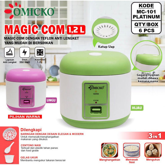 Magic Com 1.2L Omicko / Rice Cooker Mesin Penanak Nasi Rebus Kukus Ukuran 1.2 Liter Anti Lengket Multifungsi