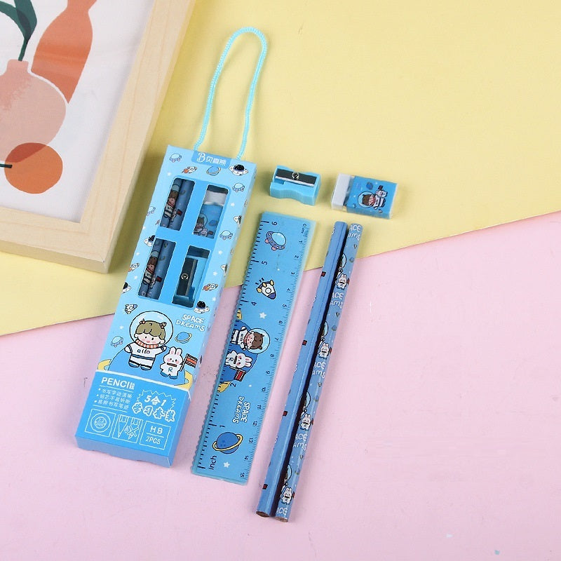 Pensil Set 5in1 Karakter Lucu / Paket Alat Tulis Pensil Penghapus Penggaris Rautan Gambar Kartun Imut / Mini Stationery Character 5 Pcs ATK Perlengkapan Menulis Anak Sekolah Hadiah Kado Ulang Tahun Souvenir Goody Bag PAUD SD Unik Dino Bunny Bear Pencil