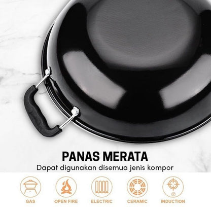 Wajan Bulat Lapisan Enamel Frying Pan Anti Lengket / Wok Kuali Wadah Penggorengan Gagang Kuping Menumis Merebus Menggoreng / Tempat Memasak Bahan Tebal Berkualitas Non-stick / Alat Masak Peralatan Dapur Multifungsi Tumis Rebus Kukus Goreng Oseng