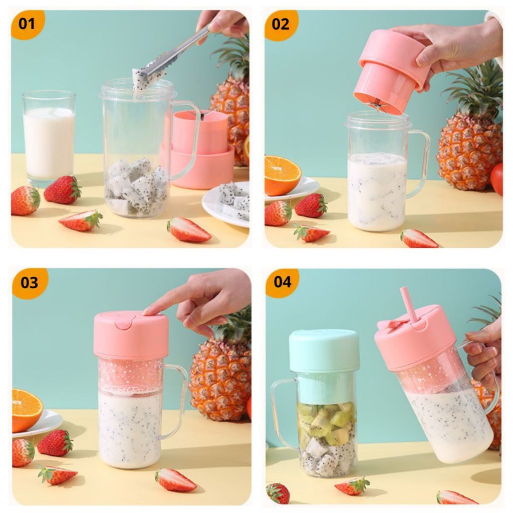 Blender Portable Mini Free Sedotan Silicone / Botol Alat Pembuat Minuman Jus Buah Sayur Elektrik Tanpa Colok Listrik / Juicer Cup 6 Mata Pisau Rechargeable / Gelas Gagang Penggiling Juice 340ml Praktis Travel Bottle Size Kantor Olahraga Kuliah Multifungsi