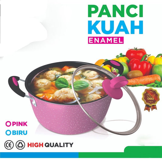 Panci Kuah Enamel 22 cm Dengan Penutup Kaca GSF Anti Lengket / Wajan Gagang Kuping Bentuk Bulat Untuk Masak Kuah Rebus Indomie Ramen Ramyun Telur Sayur Soup Bubur Serbaguna / Frying Pan Bahan Tebal Berkualitas Anti Karat Tempat Memasak Praktis Multifungsi