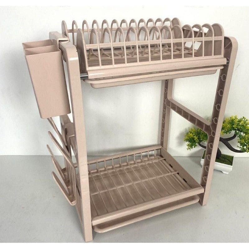 Rak Piring 2 Susun Mini Plastik / Dish Drying Rack Wadah Tempat Pengering Piring Mangkok Gelas Serbaguna / Rak Penyimpanan Organizer Dapur 2 Layer Tirisan Cucian Air Dengan Gantungan Spatula Sendok Perlengkapan Rumah Tangga Milenial Multifungsi