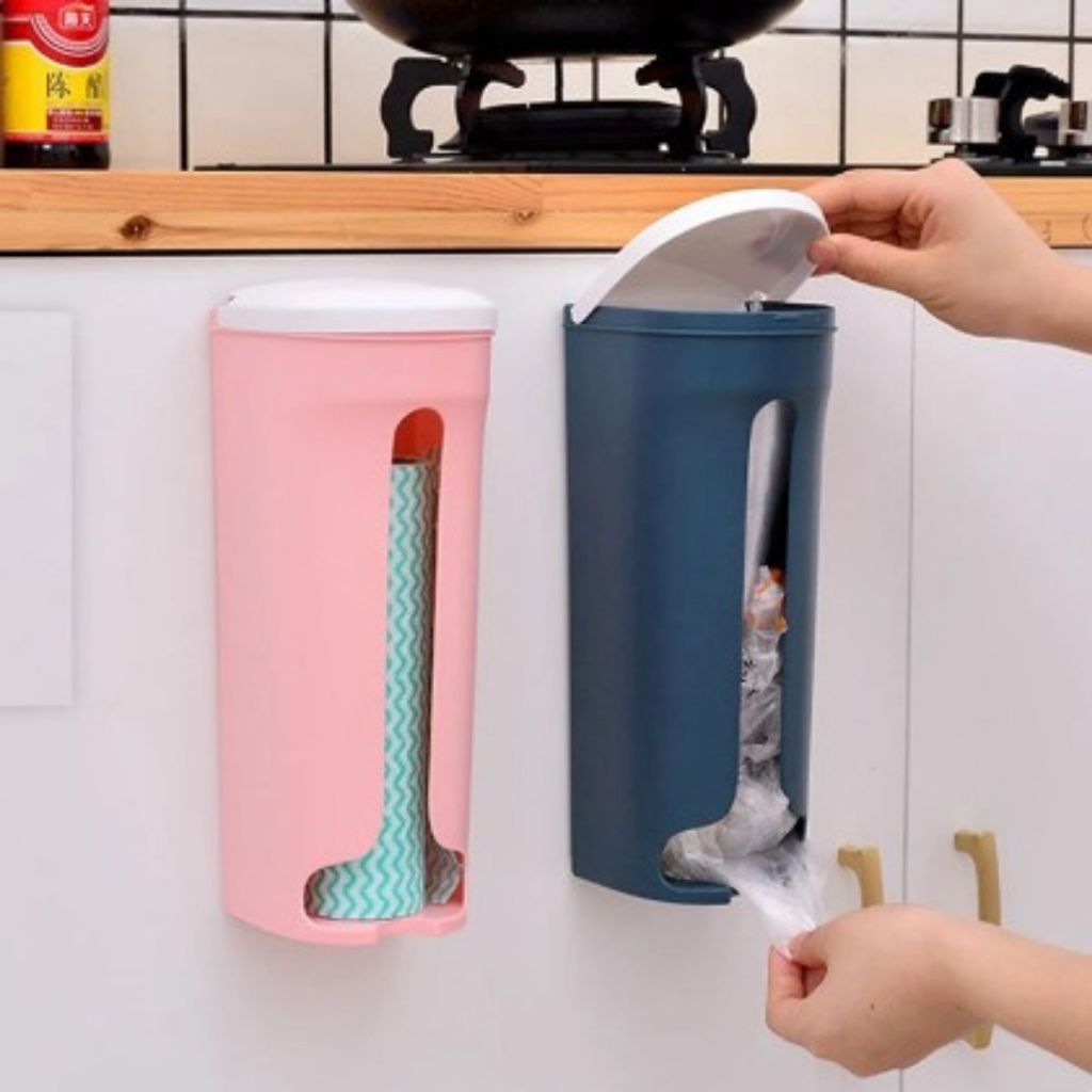 Dispenser Tempat Kantong Plastik Sampah Tempel Dinding / Plastic Bag Storage Organizer Wadah Penyimpanan Kantung Kresek Bekas Tisu Roll Dapur Praktis Serbaguna / Holder Tanpa Paku Bor Perekat Kuat Anti Patah / Alat Perlengkapan Rumah Tangga Multifungsi