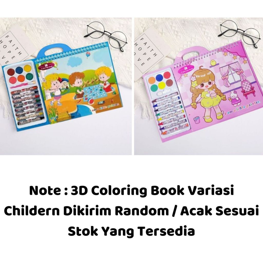 3D Coloring Book / Set Peralatan Buku Mewarnai Dengan Crayon Cat Air Lengkap Bergambar / Buku Keterampilan Menggambar Melatih Kemampuan Motorik Anak / Perlengkapan Melukis Untuk Hadiah Ulang Tahun Kado Mainan Edukasi Motif Lucu Buku Gambar TK PAUD SD Bayi