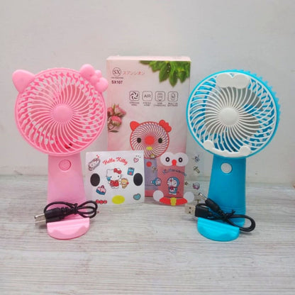 Kipas Angin Portable 2in1 + Stand Holder Penyangga HP / Handy Fan SX-107 Mini USB Colling Fan Genggam Tangan Karakter Lucu FREE Sticker / Kipas Pendingin Rechargeable Elektrik Untuk Traveling Outdoor Konser Piknik Travel Running Jalan Taman Multifungsi