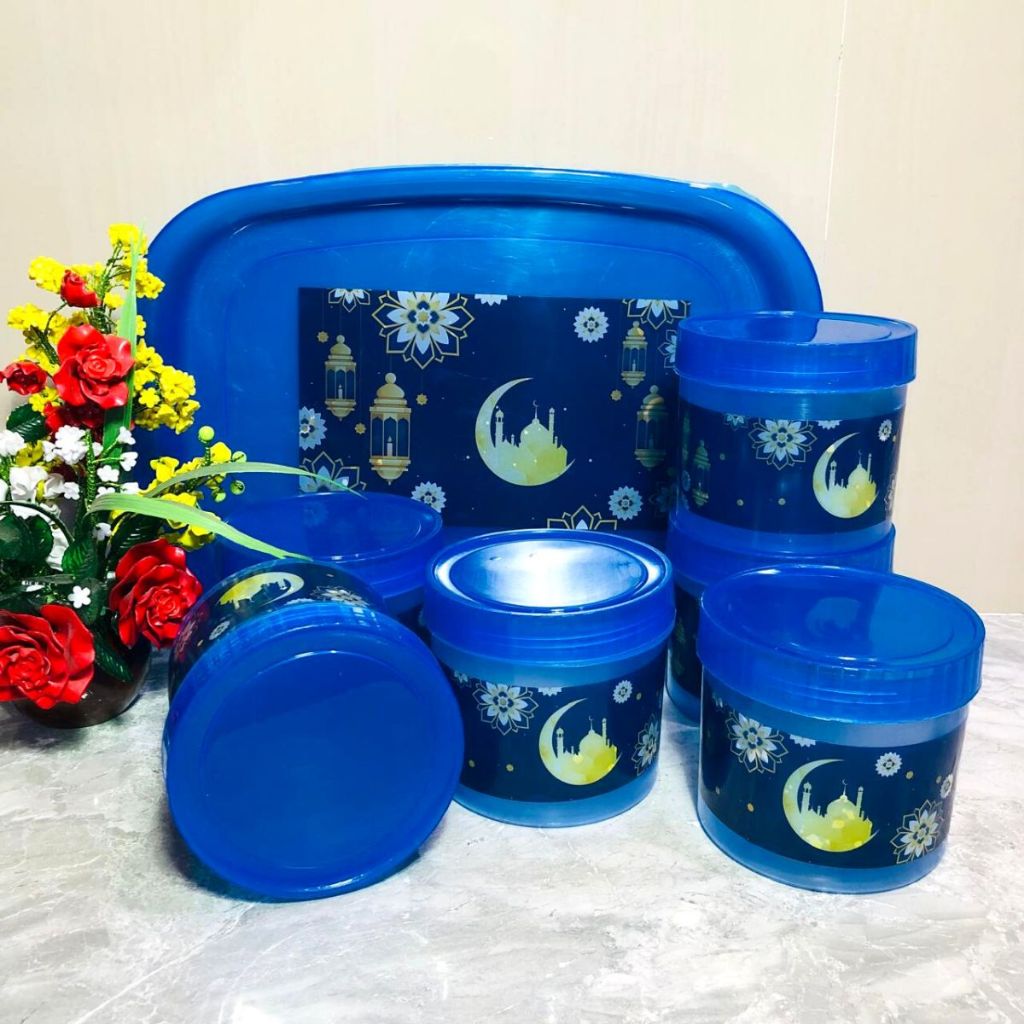 Set Toples 6pcs Free Nampan / Tempat Penyimpanan Makanan Bumbu Dapur Kotak Snack Kue Kering Manisan Cemilan Permen Kacang Multifungsi / Wadah Bulat Storage Jar With Tray Susun Pajang Hiasan Meja Tamu Makan Untuk Hantaran Lebaran Syukuran Hemat Tempat