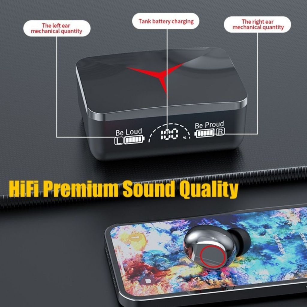 Earphone Bluetooth TWS M90Pro + Powerbank 1200mAh Charging Case / Wireless Headset Bass Stereo In-Ear Handsfree Earbuds LED Digital Dispaly Microphone Running Gym Olahraga Sepeda Hiking Fitness Earbud Tombol Play Plause Call Volume Next Noise Cancellation