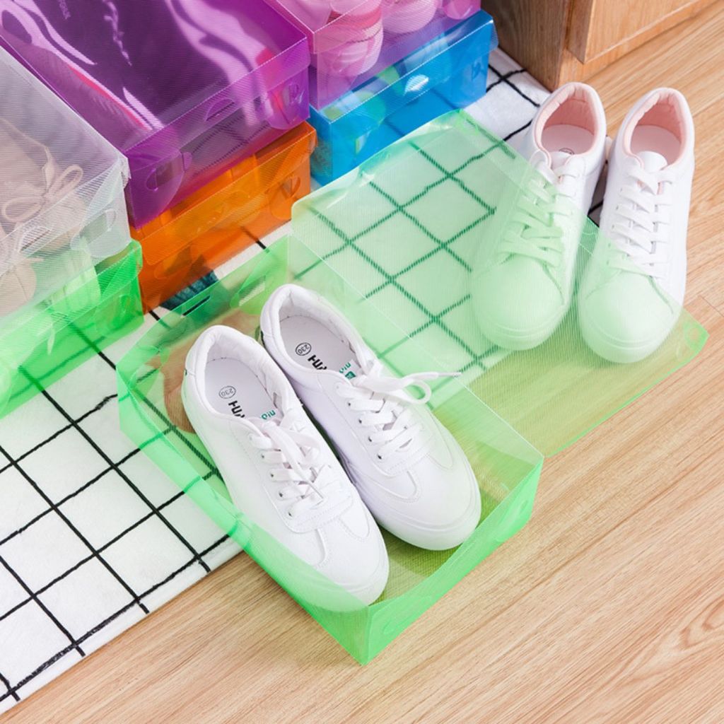 Kotak Sepatu Bahan Plastik Transparan Tebal / Shoes Storage Box Organizer Tempat Penyimpanan Sandal Heels Warna-Warni Serbaguna / Rak Wadah Lipat Susun Multifungsi