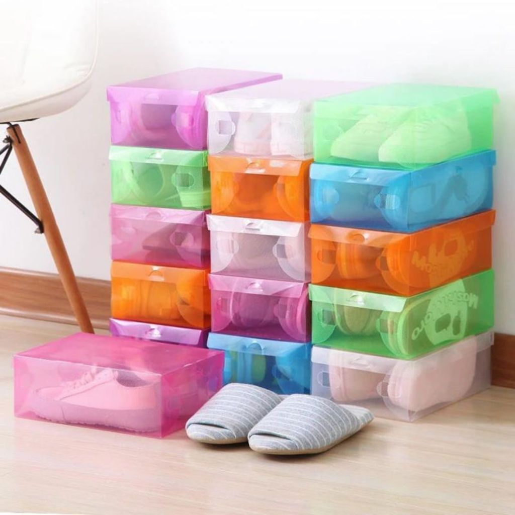 Kotak Sepatu Bahan Plastik Transparan Tebal / Shoes Storage Box Organizer Tempat Penyimpanan Sandal Heels Warna-Warni Serbaguna / Rak Wadah Lipat Susun Multifungsi