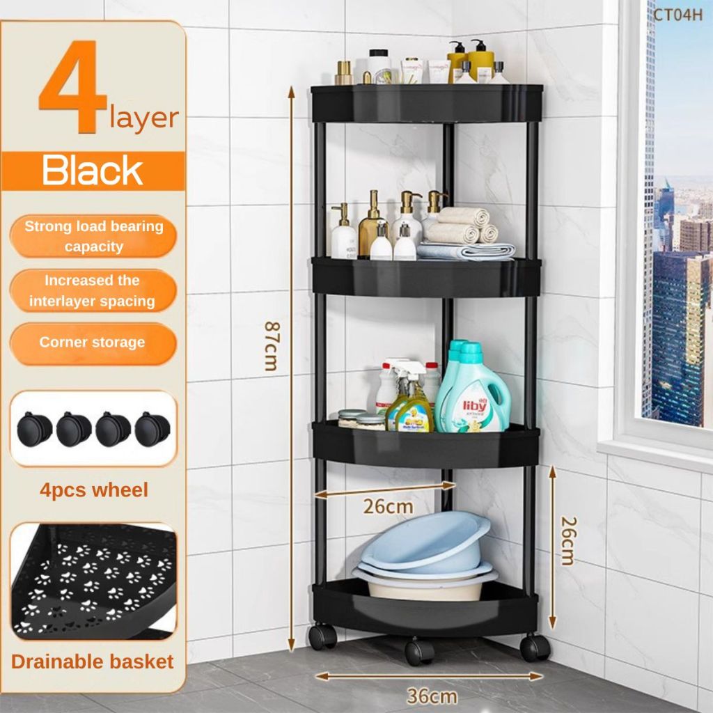 Rak Segitiga 4 Susun Dengan Roda 360° / Storage Rack Minimalis Trolly Jalan Wadah Makanan Snack Organizer Multifungsi / Tempat Penyimpanan Peralatan Dapur Kamar Mandi Ruang Tamu 4 Tingkat Berkualitas Termuarh