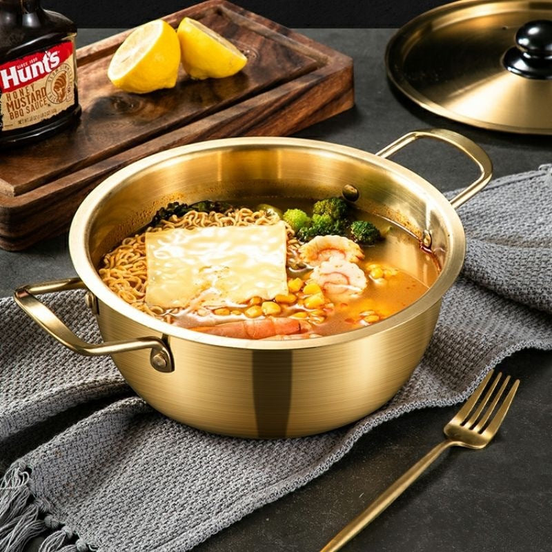 Panci Ramyun Korea Gold 18cm / Wajan Rebus Memasak Mie Ramen Ramyeon Samyang Hot Pot Soup Shabu Seafood Steamboat Bubur Sayur / Korean Noodle Pot Bahan Stainless Steel Anti Karat / Tempat Memasak Ala Jepan Dengan Tutup Praktis Anti Lengket Multifungsi