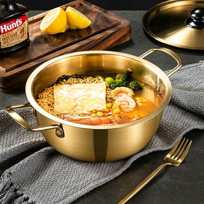 Panci Ramyun Korea Gold 18cm / Wajan Rebus Memasak Mie Ramen Ramyeon Samyang Hot Pot Soup Shabu Seafood Steamboat Bubur Sayur / Korean Noodle Pot Bahan Stainless Steel Anti Karat / Tempat Memasak Ala Jepan Dengan Tutup Praktis Anti Lengket Multifungsi