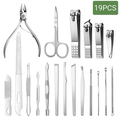 Gunting Kuku Set 19in1 Stainless Steel / Nail Art Set Alat Perawatan Tangan Kaki Wajah Telinga Portable / Perlengkapan Manicure Pedicure Pembersih Kuku Kikir Pinset Gunting Korek Kuping Super Lengkap Anti Karat Multifungsi