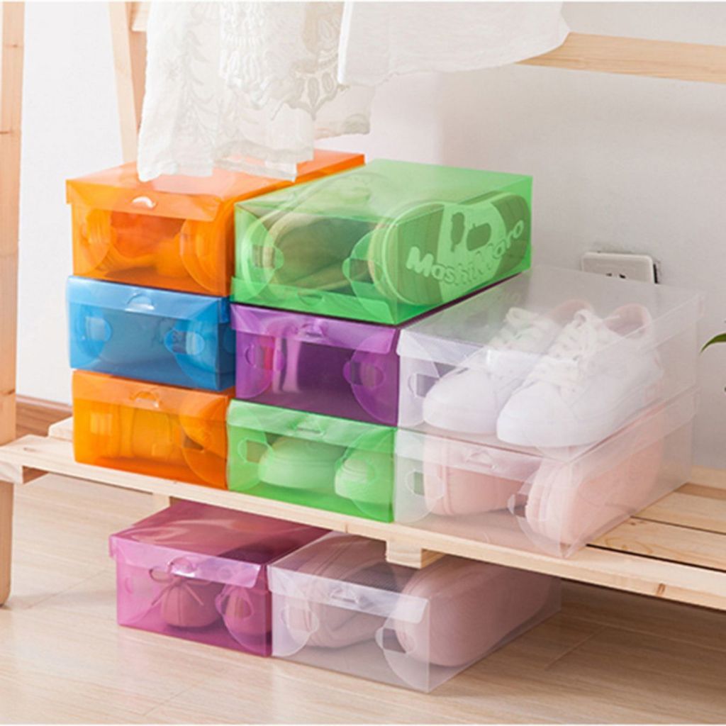 Kotak Sepatu Bahan Plastik Transparan Tebal / Shoes Storage Box Organizer Tempat Penyimpanan Sandal Heels Warna-Warni Serbaguna / Rak Wadah Lipat Susun Multifungsi