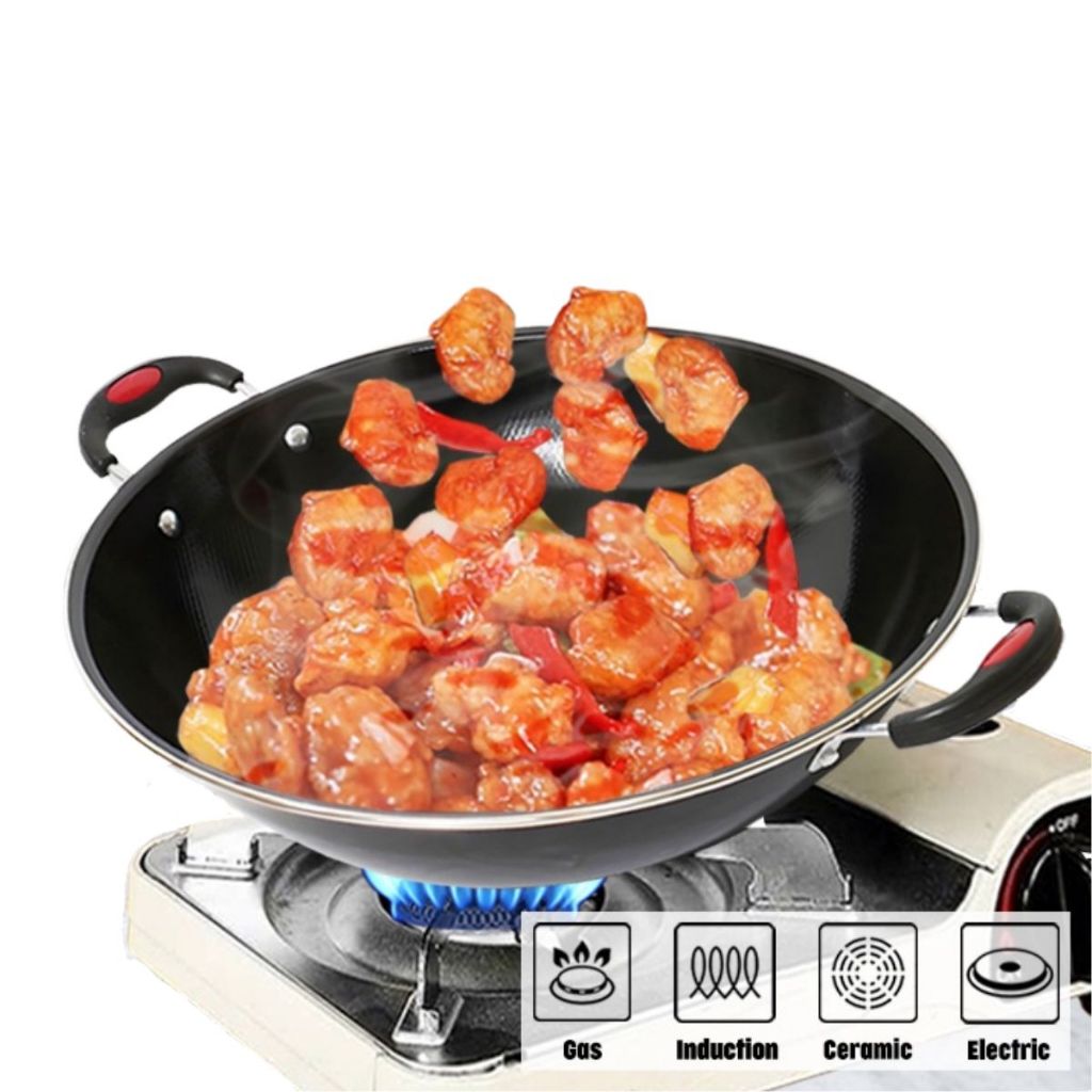 Wajan Bulat Lapisan Enamel Frying Pan Anti Lengket / Wok Kuali Wadah Penggorengan Gagang Kuping Menumis Merebus Menggoreng / Tempat Memasak Bahan Tebal Berkualitas Non-stick / Alat Masak Peralatan Dapur Multifungsi Tumis Rebus Kukus Goreng Oseng