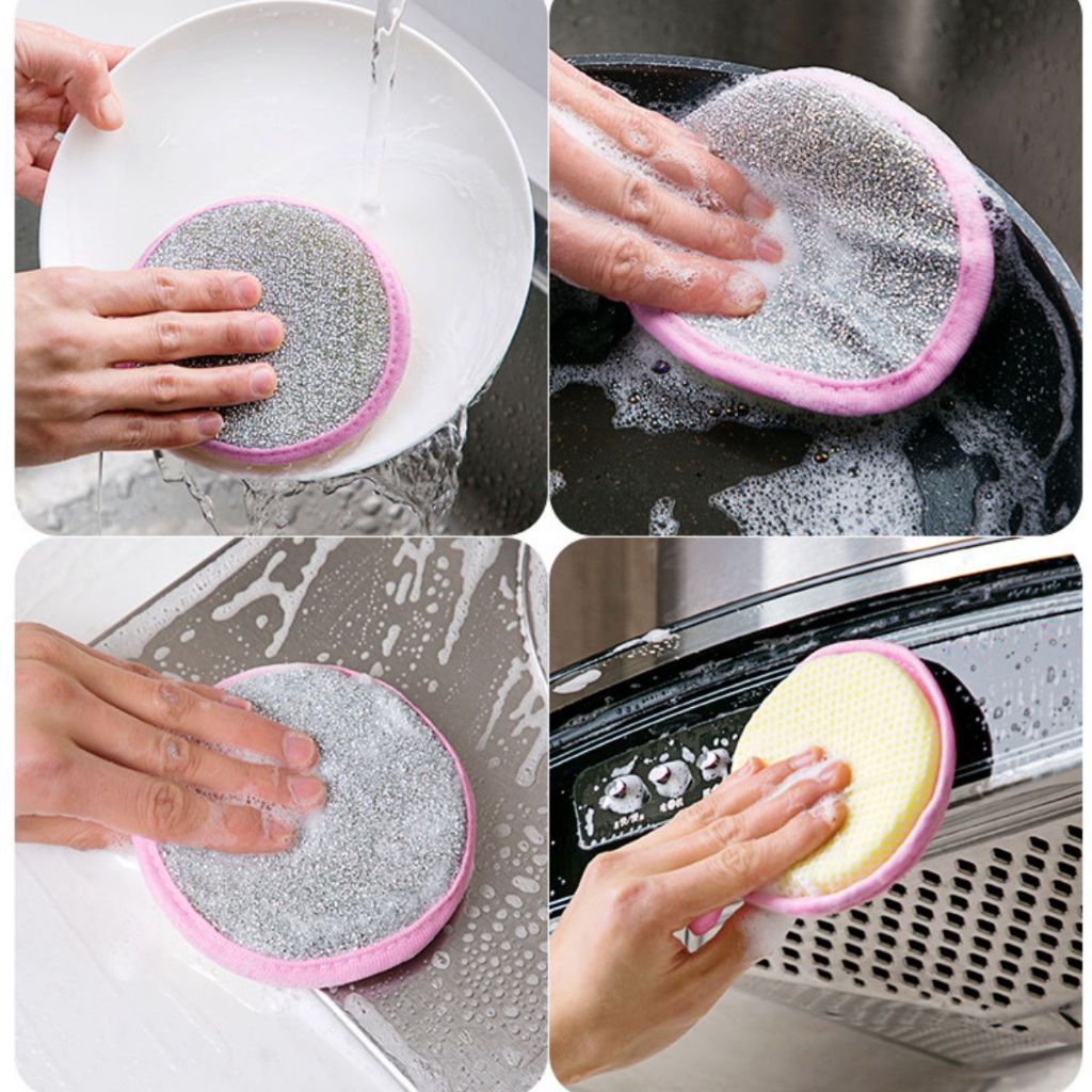 Spons Cuci Piring 2 Sisi Kawat & Busa Bentuk Bulat / Double Sided Cleaning Dishwashing Sponge / Alat Pembersih Botol Gelas Cangkir Panci Dinding Motor Mobil Serbaguna / Spon Penghilang Noda Kotoran Peralatan Dapur Multifungsi