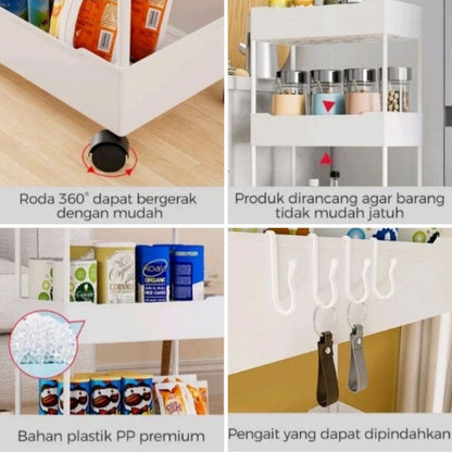 Rak Yeye Serbaguna 4 Susun Dengan Roda 360° / Tempat Penyimpanan Peralatan Dapur Kamar Mandi Ruang Tamu 4 Tingkat Serbaguna / Storage Rack Minimalis Trolly Jalan Mini Wadah Makanan Snack Organizer Multifungsi Berkualitas Termurah