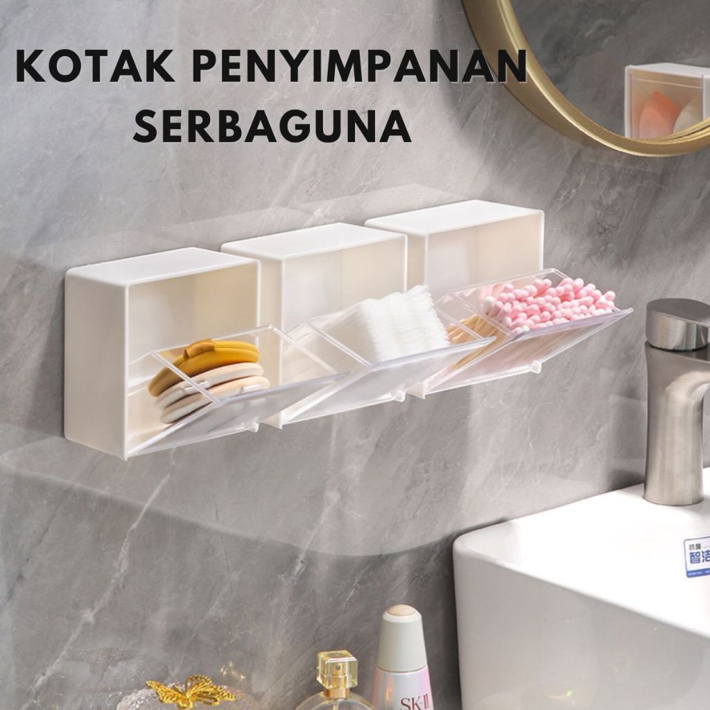 Kotak Penyimpanan Kapas Acrylic Tempel Dinding / Storage Box Minimalis Wadah Tempat Simpan Cotton Bud Korek Kuping Perhiasan Make Up Kunciran Aksesoris P3K Serbaguna / Rak Organizer Mini Transparan Aesthetic Anti Air Multifungsi