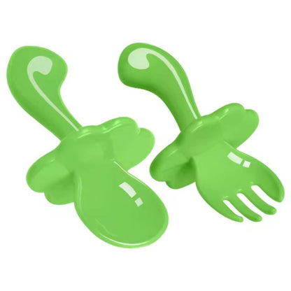 Set Sendok Dan Garpu Makan Bayi Gagang Pendek Model Lengkung / Baby Spoon And Fork BPA FREE Food Grade / Peralatan Mpasi 6m+ Anak Balita Batita Bahan Plastik Lembut Tahan Panas Tidak Melukai Gusi / Sendok Garpu Latihan Training Makan 6 Bulan Keatas