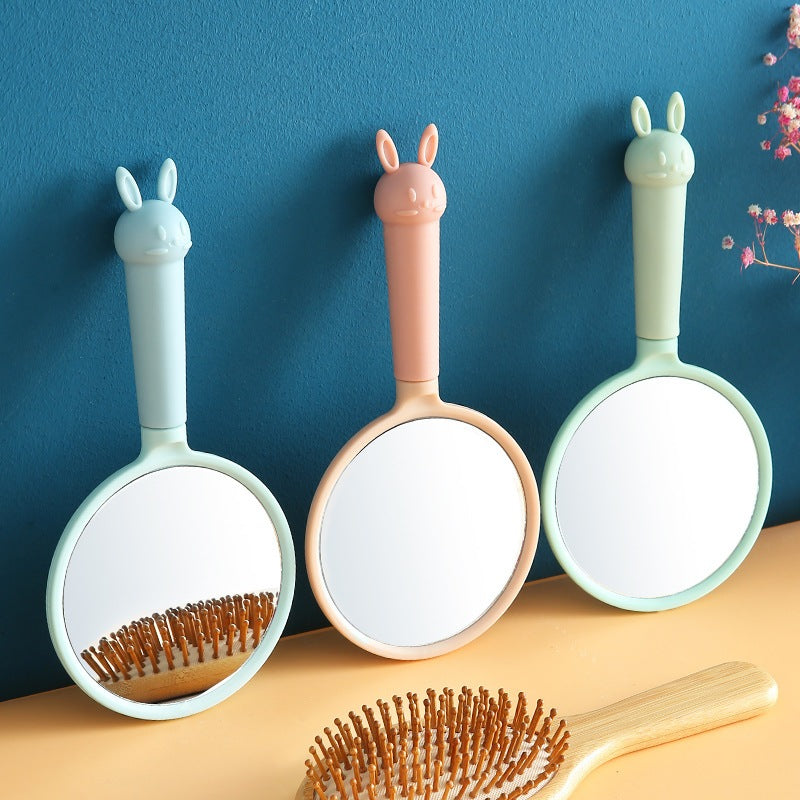 Cermin - Sisir Gagang Bunny Bulat Oval Roll Silikon Gigi Halus Lembut Mirror Comb Handle Travel / Sikat Pijat Rambut Lurus Keriting Basah Kering Anti Rontok Anti Kusut / Kaca Rias Makeup Wajah Motif Karakter Lucu Kecantikan Anak Dewasa Macaron Silicone