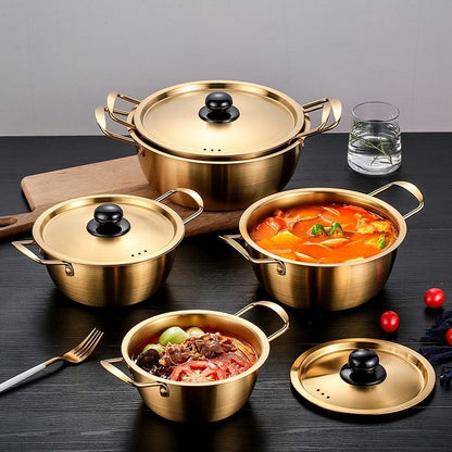 Panci Ramyun Korea Gold 18cm / Wajan Rebus Memasak Mie Ramen Ramyeon Samyang Hot Pot Soup Shabu Seafood Steamboat Bubur Sayur / Korean Noodle Pot Bahan Stainless Steel Anti Karat / Tempat Memasak Ala Jepan Dengan Tutup Praktis Anti Lengket Multifungsi