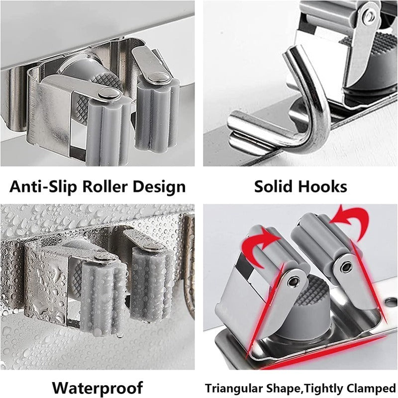 Gantungan Sapu Pel Stainless / Holder Hook Penyangga Klip Kait Gantung Dapur Kamar Mandi Tidur Basement Garasi Tempat Cuci Simpan Sapu Alat Kebersihan Pel Kemoceng Gagang Tempel Dinding Rumah Skrup Bor Tembok