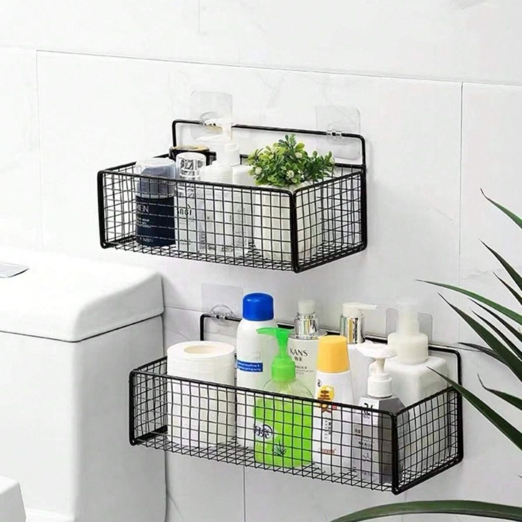 Rak Gantung Tempel Dinding Aluminium / Organizer Rack Kamar Mandi Dapur Ruang Tamu Tidur / Holder Besi Tanpa Paku Bor Tempat Shampoo Sabun Peralatan Botol Minyak Kecap Saos Gula Garam Dekorasi Interior Rumah Aesthetic Multifungsi Modern Minimalis Milenial