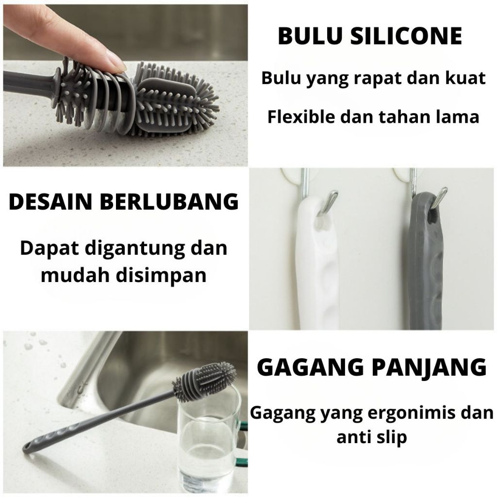 Sikat Pembersih Botol Silikon Gagang Panjang / Bottle Brush Silicone / Alat Penggosok Pengangkat Kotoran Gelas Cangkir Tumblr Thermos Anti Bakteri Penyikat Sela Tutup Minum Dot Susu Bayi Super Lembut Multifungsi Tongkat Cuci