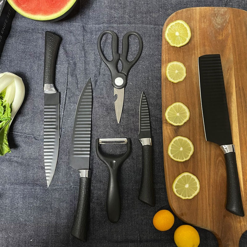 Pisau Dapur Set 6 Pcs Bahan Stainless Steel Anti Lengket Warna Hitam Non Slip / Black Kitchen Knife 6 in 1 Chopper Chef Knife Gunting Peeler Paring Utility Piso Daging Buah Sayur Roti Super Tajam Elegan Tahan Karat Souvenir Hadiah Pindah Rumah Tukar Kado