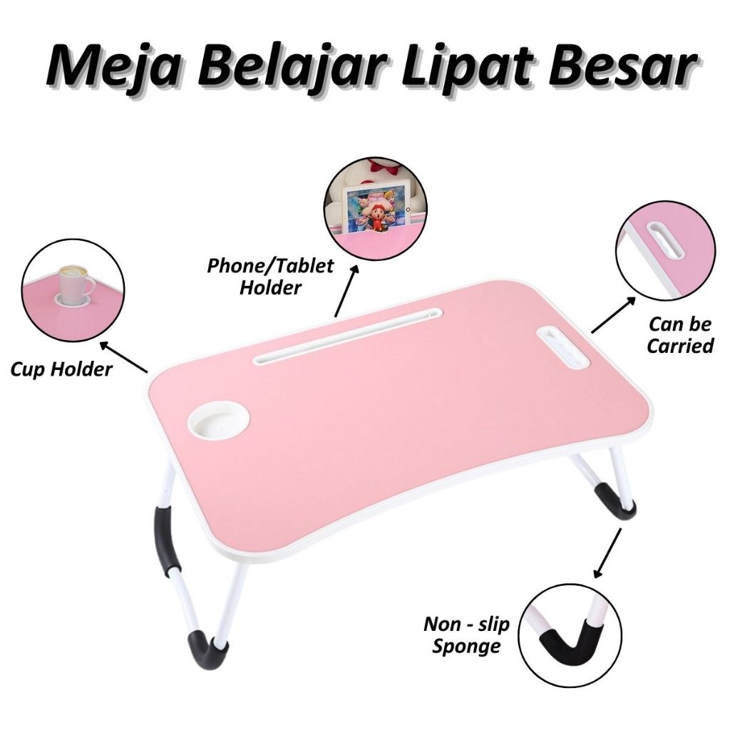 Meja Belajar Lipat Ukuran Besar / Folding Table Dengan Slot Tempat Buku Hp Gelas Botol Anti Air Meja Mini Anak Kerja Menulis Gambar Mewarnai Main Lantai Laptop Serbaguna / Alat Perlengkapan Sekolah Kantor PAUD SD SMP SMA Super Kokoh Board