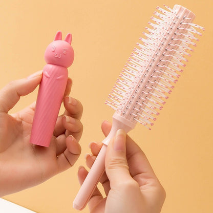 Cermin - Sisir Gagang Bunny Bulat Oval Roll Silikon Gigi Halus Lembut Mirror Comb Handle Travel / Sikat Pijat Rambut Lurus Keriting Basah Kering Anti Rontok Anti Kusut / Kaca Rias Makeup Wajah Motif Karakter Lucu Kecantikan Anak Dewasa Macaron Silicone