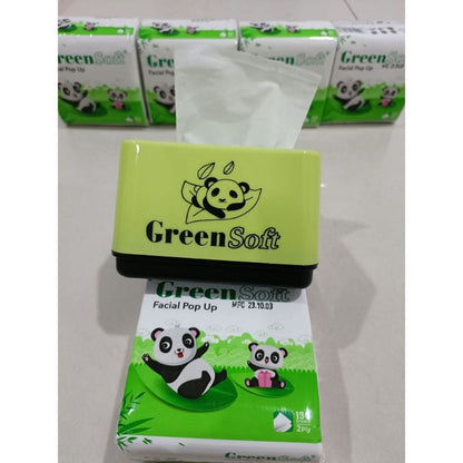 (Set) Tissue Panda 6 Pack FREE Kotak Tempat Tisu Isi 130 Lembar 2Ply GreenSoft / Lap Selampai Pembersih Noda Kotoran Wajah Tangan Anti Bakteri / Kertas Tissu Facial Meja Dapur Pop Up Mini Halus Lembut Green Soft Kantor Mobil Rumah Kamar Murah Termurah